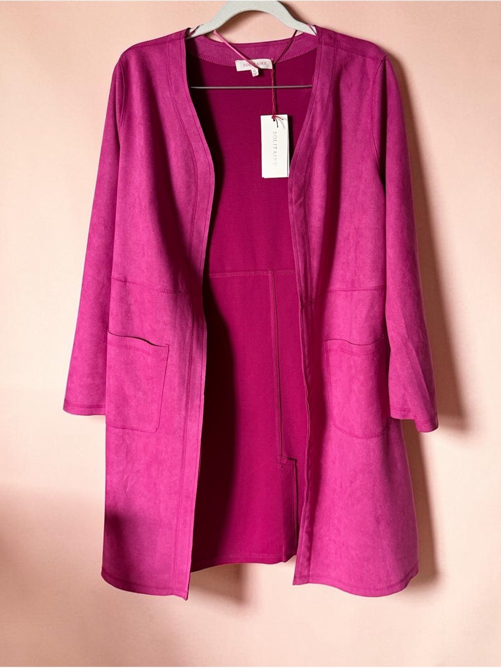 Solitaire Magenta Faux Suede Open Front Cardigan Duster - Size XL - NWT - Picture 2 of 7